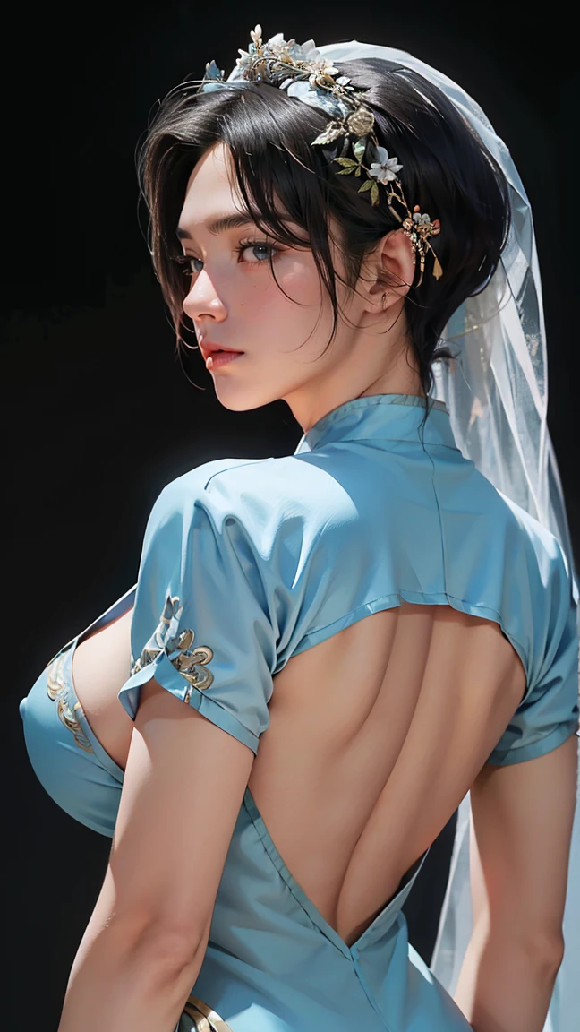 a male, big butt, big woman breast , wearing a veil, filler-lips , short black male style hair, wear a sexy Chinese clothes, show off his big breast, front view, simple background, A stunning visual masterpiece, double exposure, realistic, cinematic scene