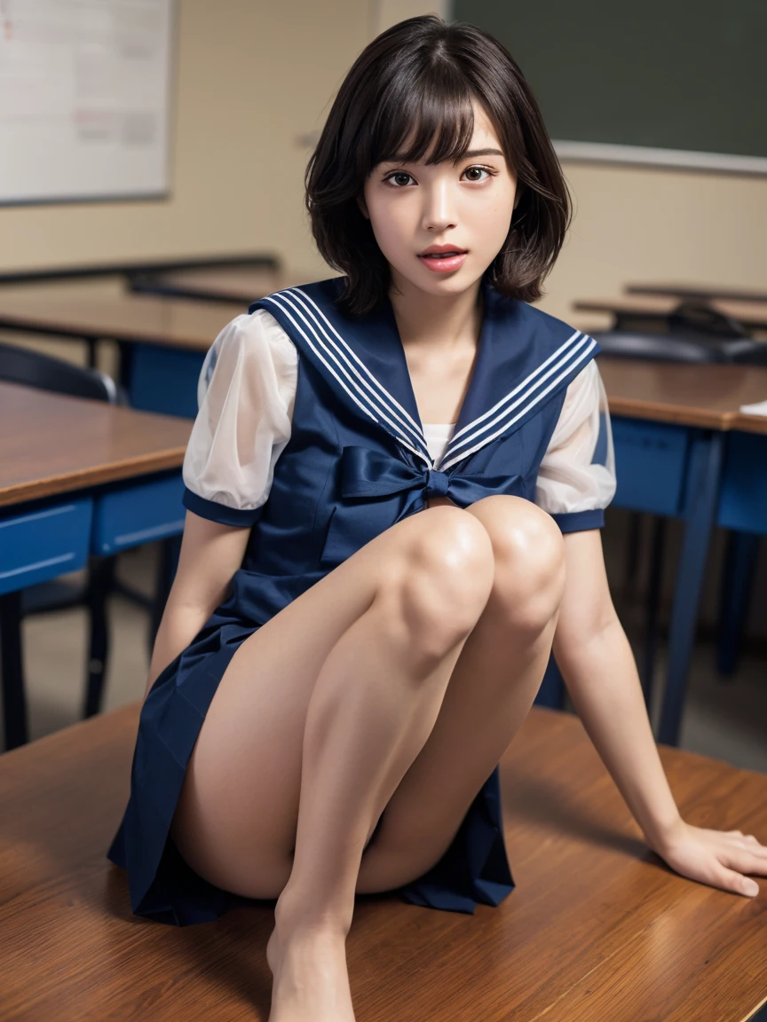 (masterpiece:1.2), Very detailed, Ultra-high resolution, (Realistic, photo Realistic:1.6), High-resolution RAW color photos, Professional photos, Sharp focus:1.2, (Very detailed顔と肌の質感, Very beautiful eyes, Glossのある肌, Glowing Skin, Glowing Skin, Shining Face, Gloss, Oily skin, greasy face, Oily skin, greasy face,),, (real Glossのある肌 texture), Perfect Anatomy, Very detailed背景,(High school classroom at night),1 female,25-year-old woman, Japanese women,Height: 168cm,(short hair, Straight hair, bangs, Brown Hair),((Flat Chest:1.6)),(Slender legs), ((((White short-sleeved sailor suit、Navy blue pleated skirt:1.5、Perfectly detailed sexy thong panties under skirt))),(((Sit on your desk with your knees upright:1.4))、(((Reaching orgasm:1.4))),(((See-through sailor suit:1.4)))