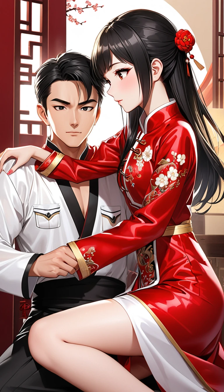 Beautiful 15 year old Chinese Kung Fu girl princess with long black hair Gorgeous embroidery, Ultra glossy, She is wearing a shiny red long sleeve nursing outfit.... She gets a man's penis inserted into her nipple hole and gets nipple fucked