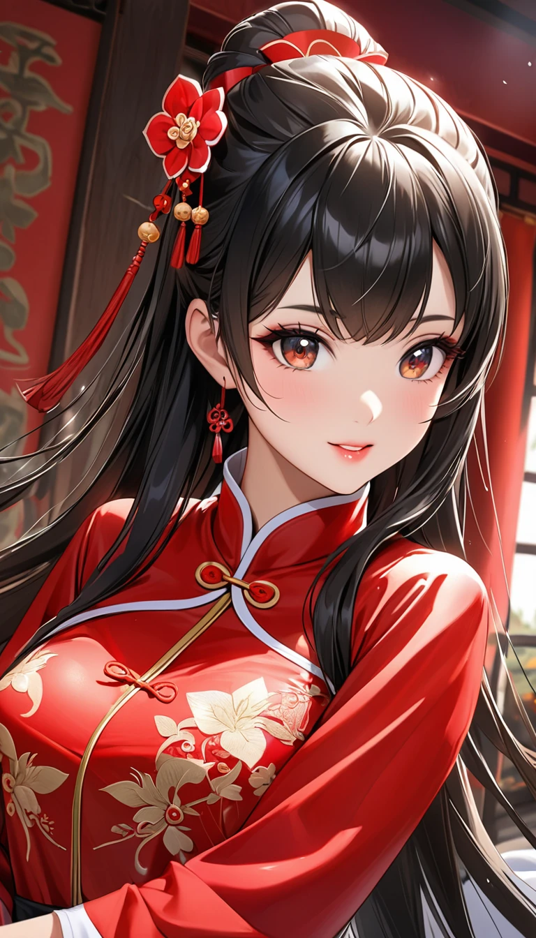 Beautiful  Chinese Kung Fu girl princess with long black hair　Gorgeous embroidery, Ultra glossy, She is wearing a shiny red long sleeve nursing outfit....　　She gets a man&#39;s penis inserted into her nipple hole and gets nipple fucked