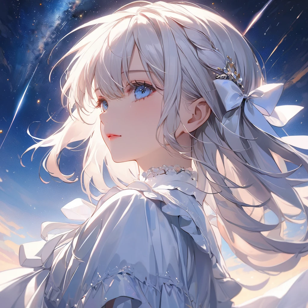 (top-quality),(masterpiece),Delicately drawn face,girl with a pretty face,beautiful detailed blue eyes,white lolita fashion,((white costume)),((white skirt)),(beautiful silky white hair:1.2),film lighting,abstract,a beautiful artistic illustration,((view from below)),star sky,(a lot of shooting stars),(cowboy shot)