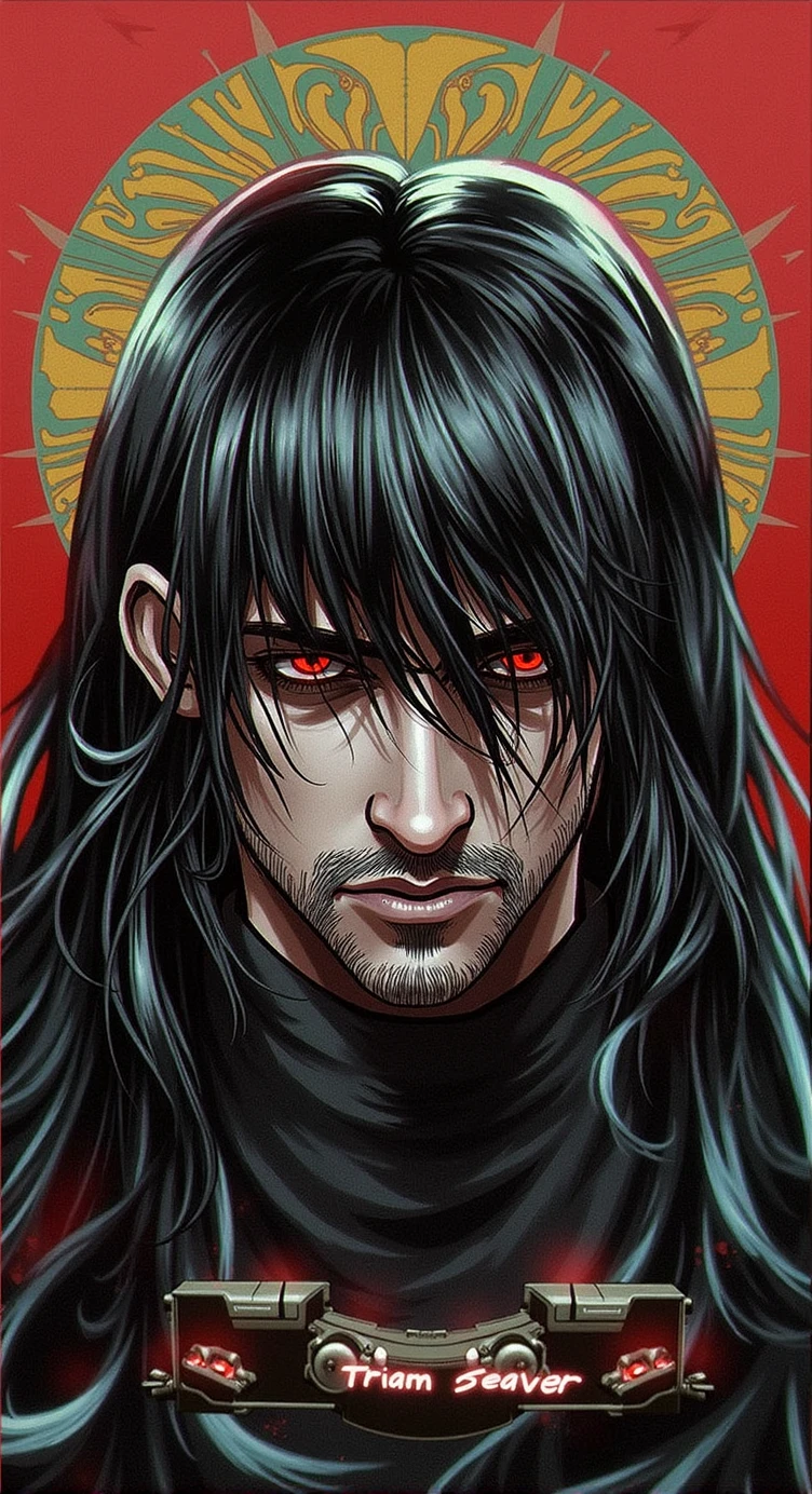 Digital illustration featuring a male figure with long, flowing black hair that partially covers his face. The subject has pale skin and intense, piercing crimson red eyes that are slightly obscured by his hair. He has a stern expression with a defined jaw and a short beard. The background is a solid red with a gold halo-like design behind the subject's head, adding a sense of divinity or importance. The overall style is dark and moody, with high contrast and detailed shading, giving the image a dramatic and intense atmosphere.