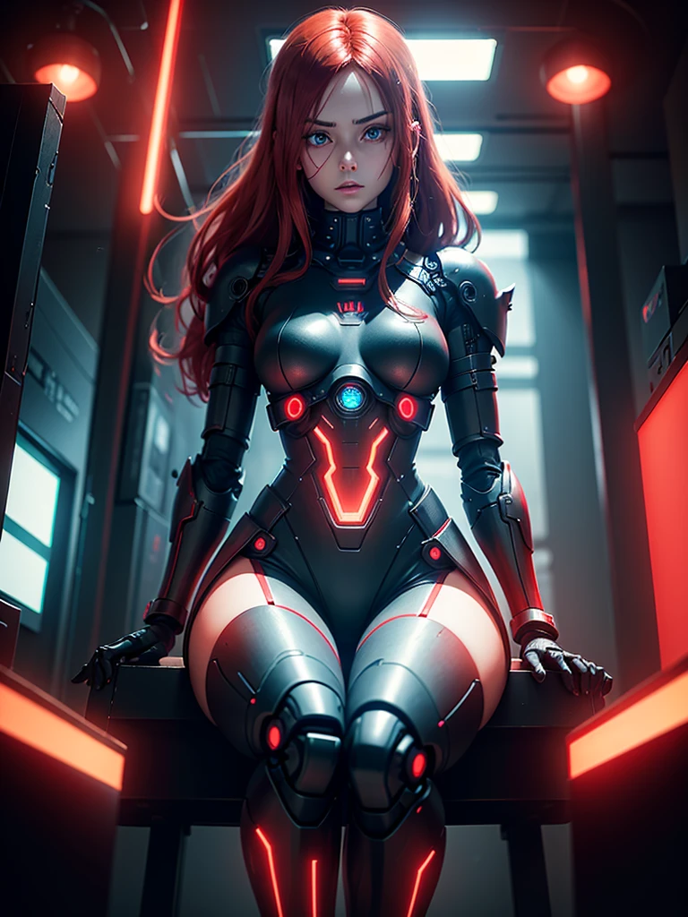 View from below, angle from below, flat horizon photo, Android girl in a pose sitting on her knees , she has long red hair she has a mask on her face a respirator a woman with sexy hips, with prosthetic arms and modifications. Beautiful face, red metal cybernetic android robot body, with red lines of indicators and diodes with many red parts, cybernetic armor with a red glow from under the joints and joints, she has blue eyes and she looks at me, frame with a flat horizon, Anime Style Photography , black background Cyberpunk style, photography takes place in motion, while walking, the camera films her from below, A tall girl, low angle photography black background images night and red neon lights red lamps red lighting red flashes on background