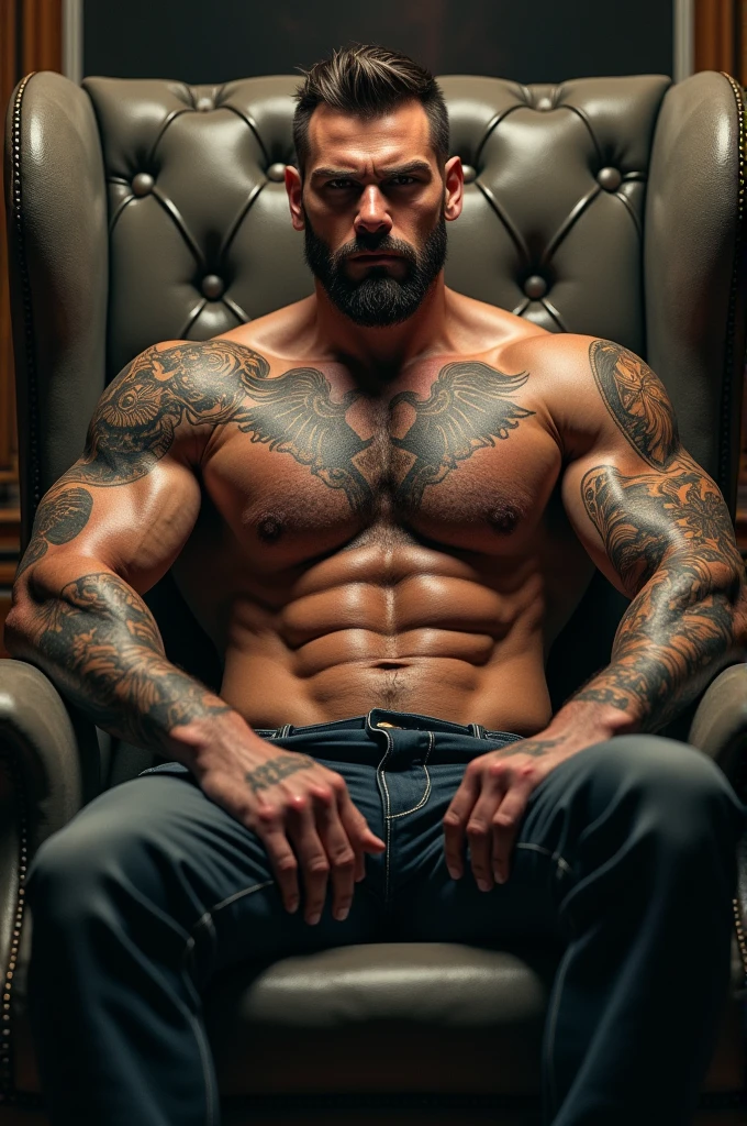 A man with his shirt open showing his sweaty, defined chest and abs sitting in an armchair, your body has scars tattoos, your face has a goatee