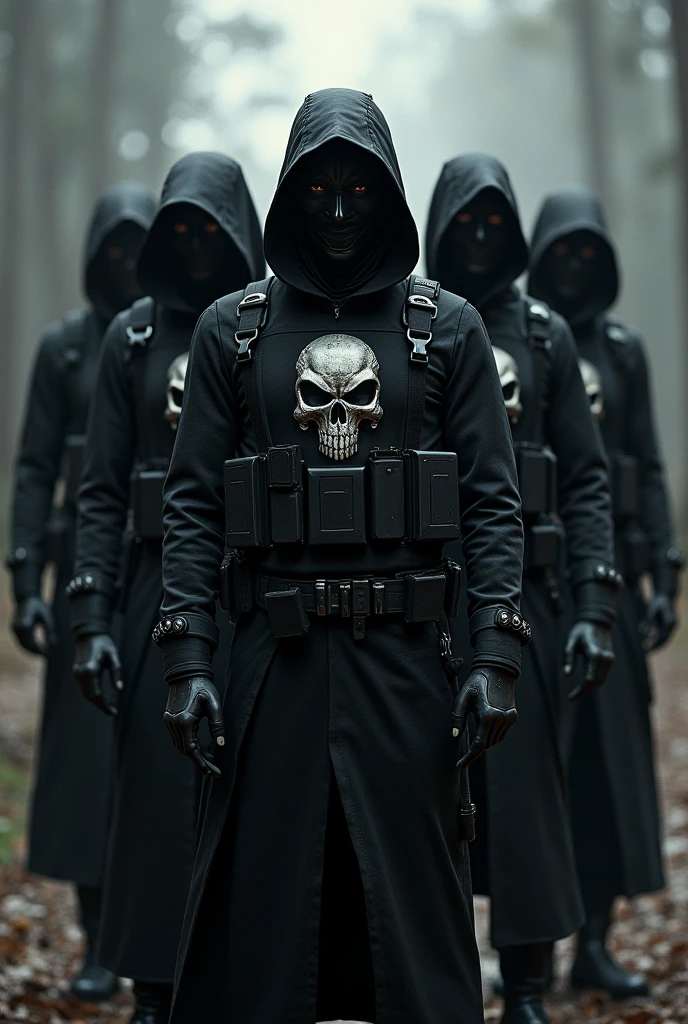 Five people in completely black weapons-like clothing with a skull