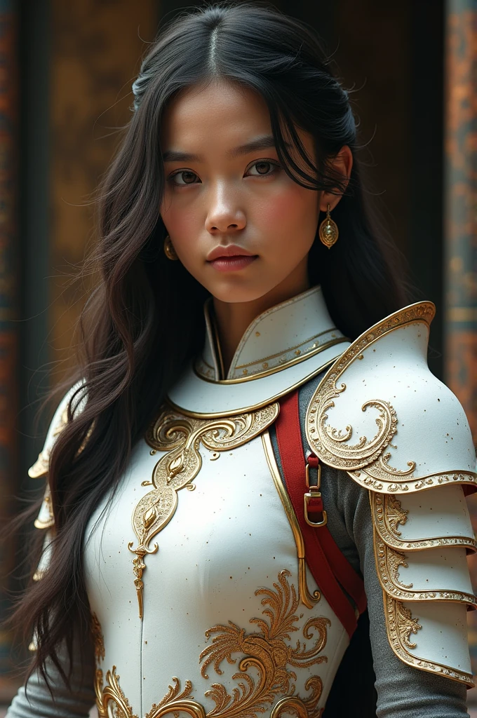 Front_view, Masterpiece, Best quality, Realistic, Raw photo, (1 girl, looking at looker), Long hair, White armor, Intricate armor, Delicate gold and black line pattern, Intricate pattern, Red metal parts, Detail part, Dynamic pose, Detailed background, Dynamic light, Thai art pattern