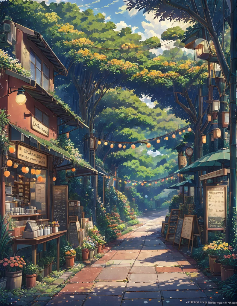 super wide perspective, string lights, hanging pots, ghibli anime scene, coffee shop in the woods, moody weather, leaves falling from tree, light bubble around street light, under a big banyan tree, street light, poles and wires, tropical leafy plant pots, menu board, sign board, long grass with wild flowers, in the middle of nowhere, vibrant color tones, ghibli style, no humans, scenery, masterpiece, high resolution