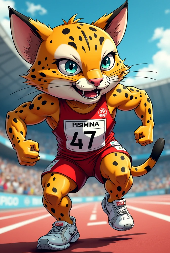 (chibi Emoji Meme), manga art style, funny photo portrait of a grotesque (Olympic sprint athlete Cheetah), upper body, strange eyes, Olympic background, emoticon. emotional, dynamic movement, vivid, (masterpiece, best quality, absurdres, ultra-detailed, intricate details:1.3)