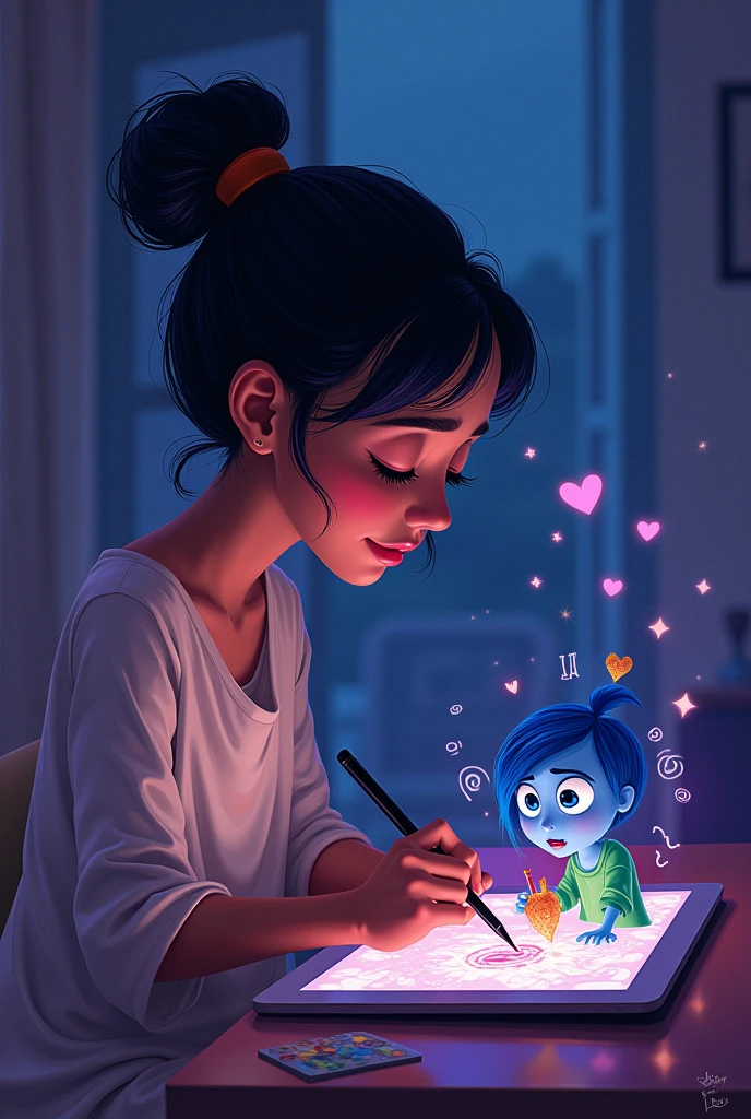 A  illustration style artwork of a Indian lady with forehand bangs drawing on her iPad.  characters from Inside out 2 Joy anxiety and sadness are around her gazing at her as if they have come out alive from her ipad. Keep it to a night light setting with subtle shades of purple and blue