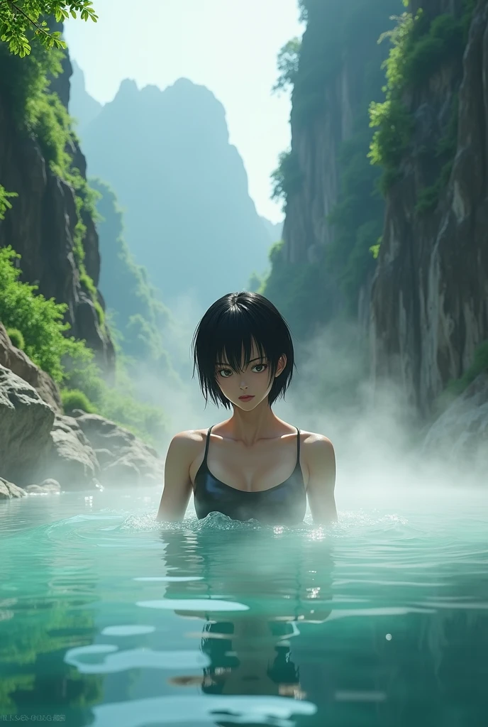 Videl from Dragon Ball bathing in a hot spring