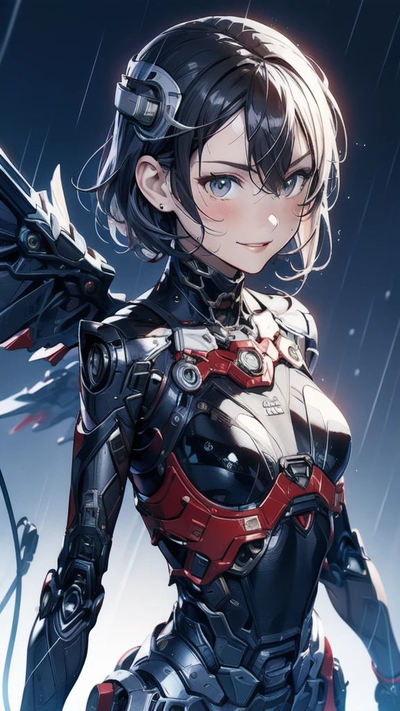 scenery、rain、1 girl、solo、Moderate bust、Upper Body、Face close-up、smile、ruanyi0152、(Yellow background)、ruanyi0238、Blue glowing parts、cable、Machinery Parts、Long black hair、short hair、whole body、Highest quality、masterpiece、High resolution、Dynamic pose、Model standing、Official Art、Highly detailed CG Unity 8k wallpaper、Half helmet、Large metal wings