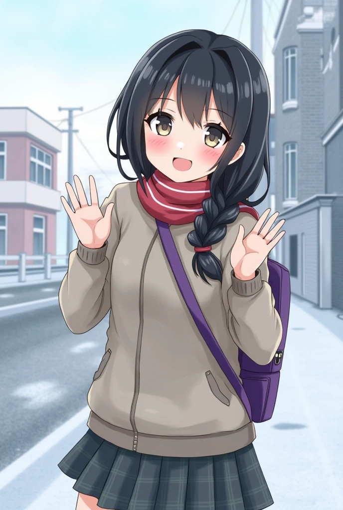 masterpiece,Highest quality,girl,school bag,Black Hair,Braid,Looking this way,smile,wave hands,Snow Country