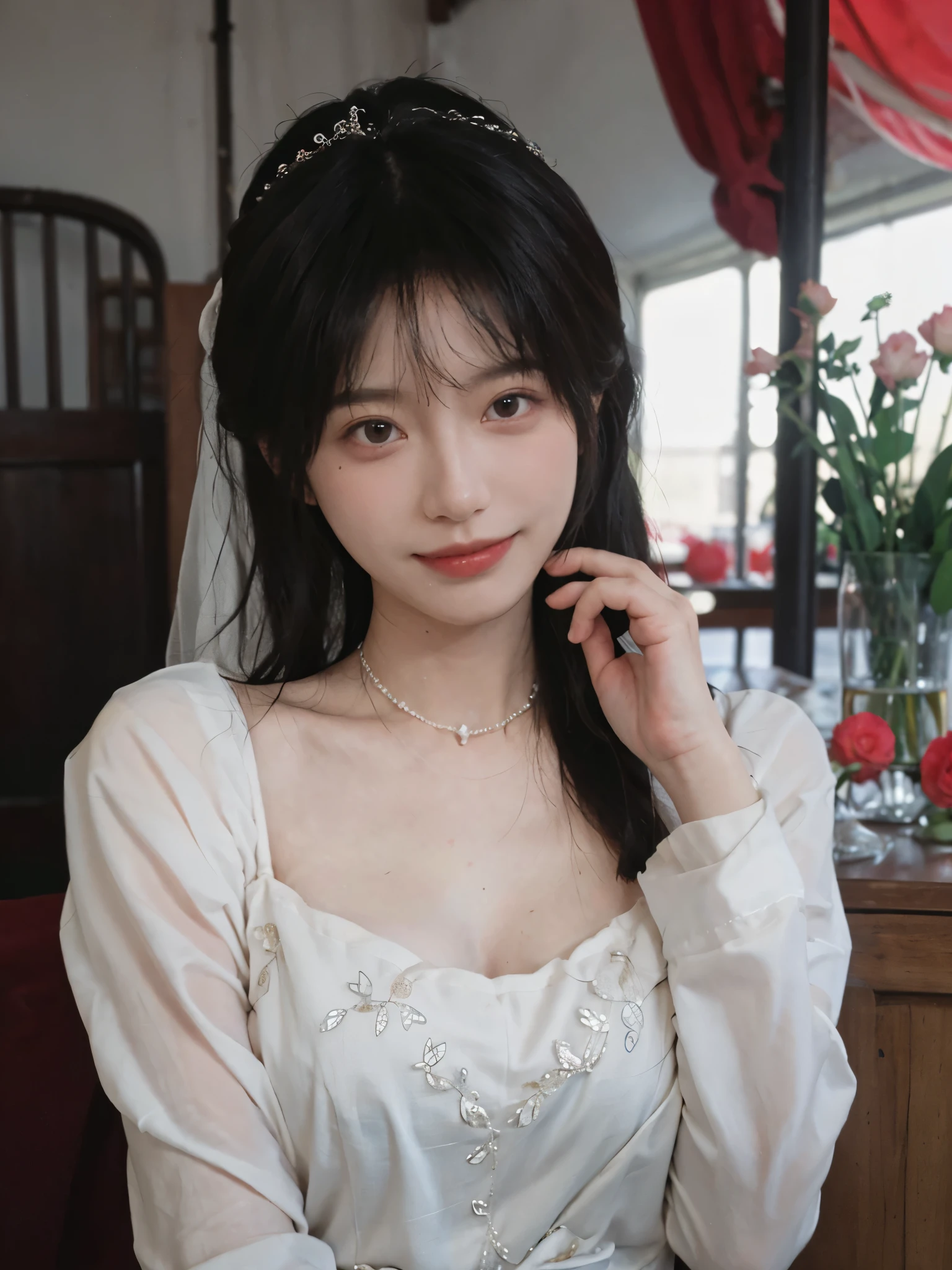 best qualtiy, Ultra-high resolution, (realisticlying:1.4),cute hairpin,Baoyu Girl,Stand in the wedding hall,Wearing a white wedding dress,(flatchest:1.2) ,A pair of clear and moving peach blossom eyes,Royal Sister,sunshine on face,Big wavy hairstyle,(choker necklace:1.2),(Fair skin:1.4),a sense of atmosphere,a beauty girl, ssmile,head straight-looking at viewer, closeup cleavage ,(Photorealistic:1.4),1girll,sexly,(Upper body:1.4),(Wet body),(:1.2)