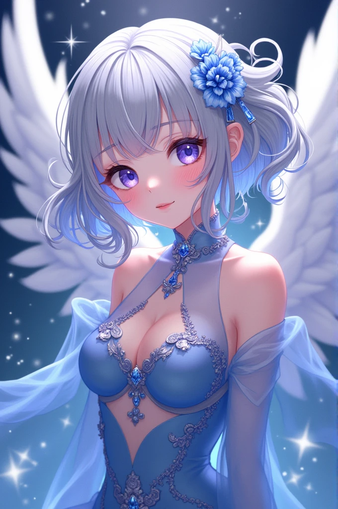 Very detailed,(Fractal Art:1.1),(colorful:1.1)(Flowers:1.3)、 (Dynamic pose), (A bright and shining heaven:1.3)、(Many colors:1.4)、Place the small doll on a circular stand、Cute pose、Laughter、Gray-haired、Chibi Doll、stars are reflected in my eyes(about)、(((Giant Breasted:1.6))),Sing with a microphone、look up、smile、Cute red shoes、Very detailed, Dazzling Light、Bioluminescence、Stronger bokeh effect、Shooting from the side、(((A giant angel halo on his head))),(((With giant angel wings))),giant shinigami scythe:1.4、(((Belly tattoo)),