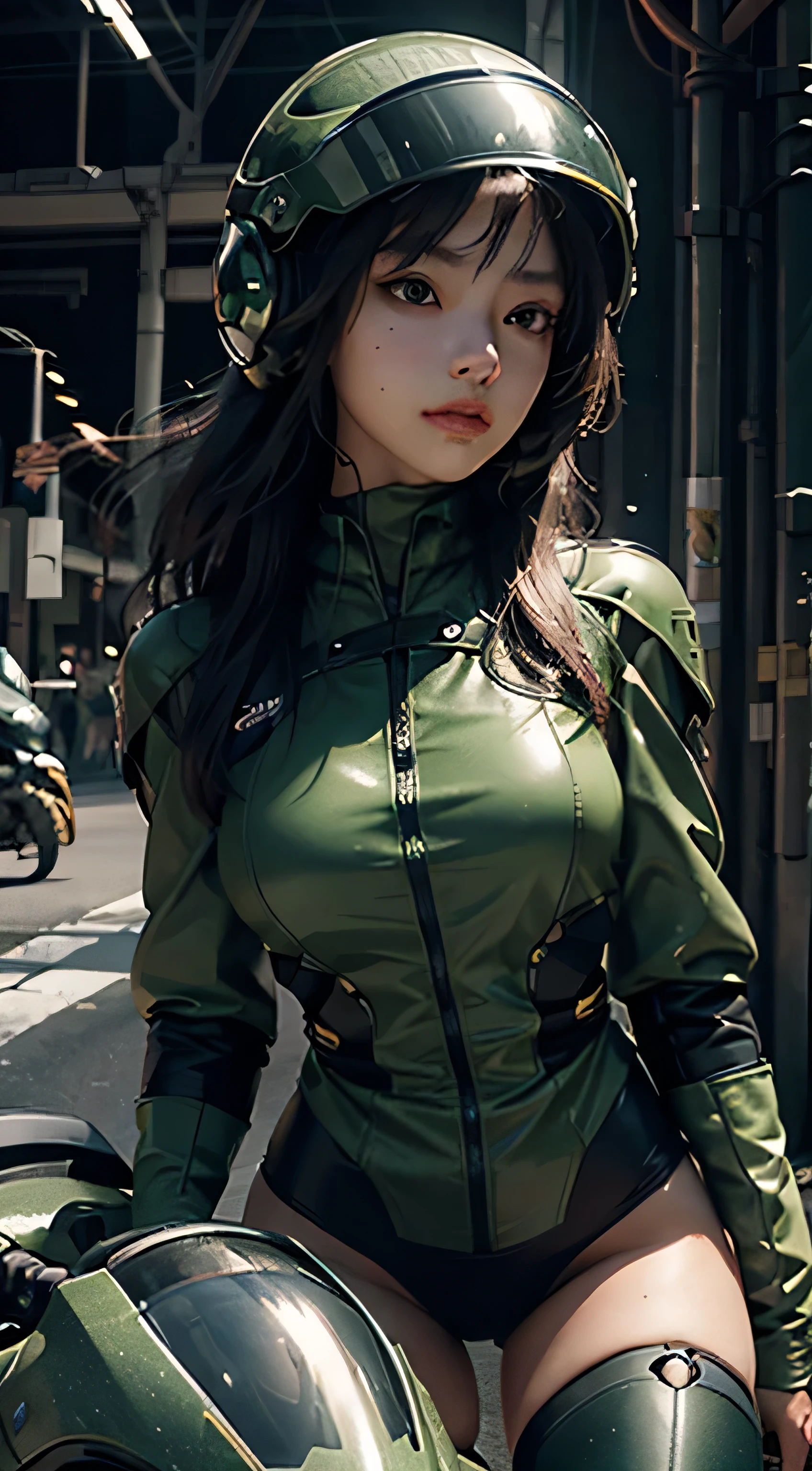 Highest image quality, outstanding details, ultra-high resolution, (realism: 1.4), the best illustration, favor details, highly condensed 1girl, with a delicate and beautiful face, dressed in a black and green mecha, wearing a mecha helmet, holding a directional controller, riding on a motorcycle, the background is a high-tech lighting scene of the future city.