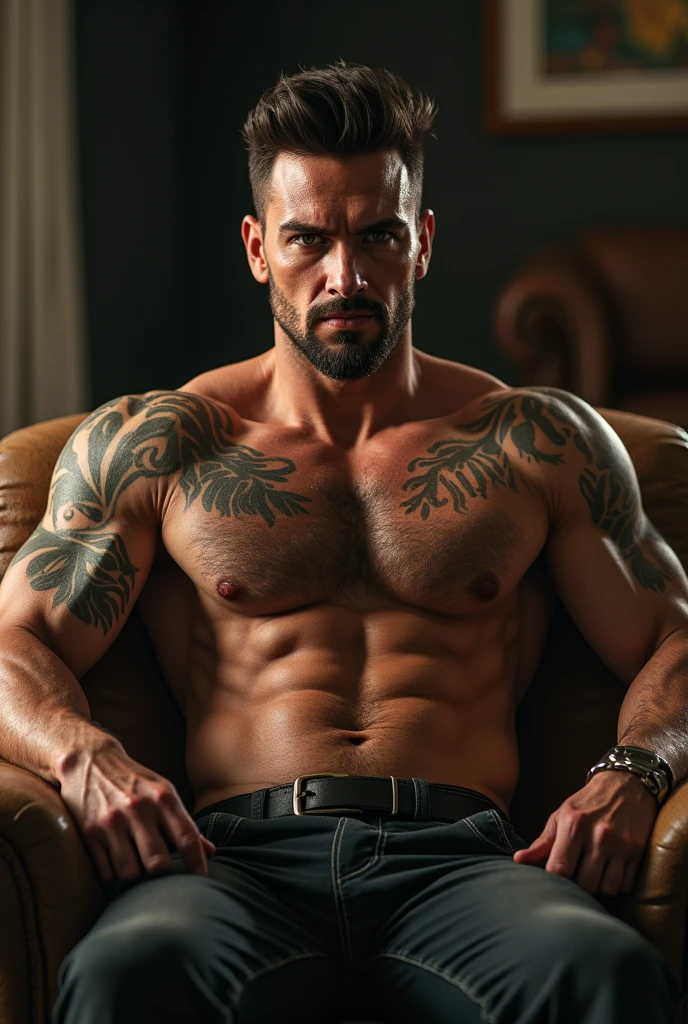 A man with his shirt open showing his sweaty, defined chest and abs sitting in an armchair, your body has scars tattoos, your face has a goatee