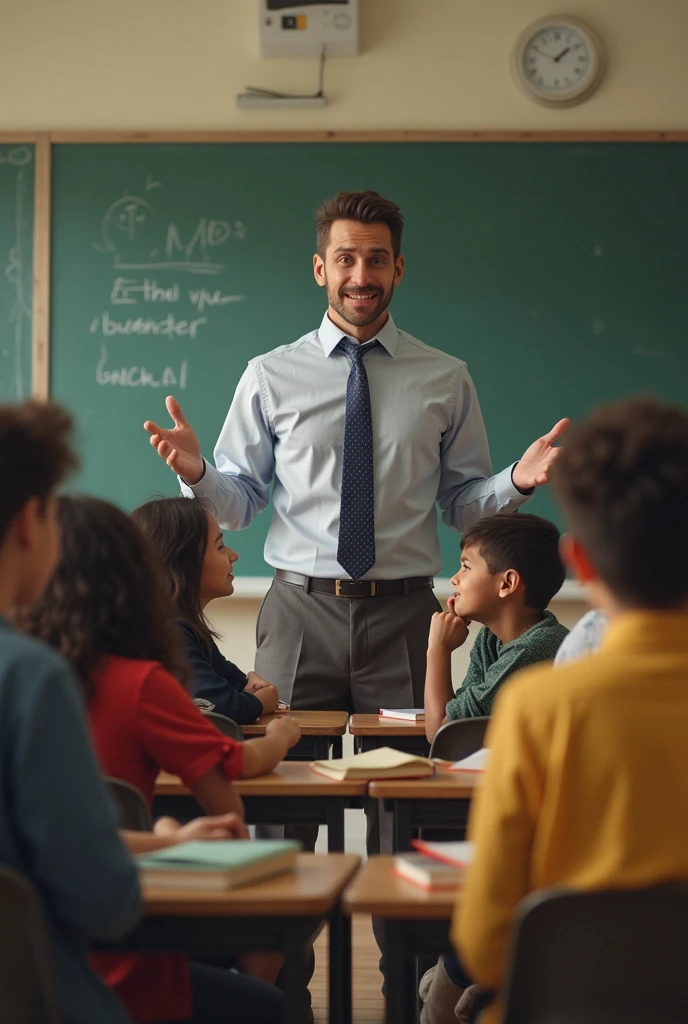 A  male teacher teaching student and crake a joke and laugh someones and not laugh someones