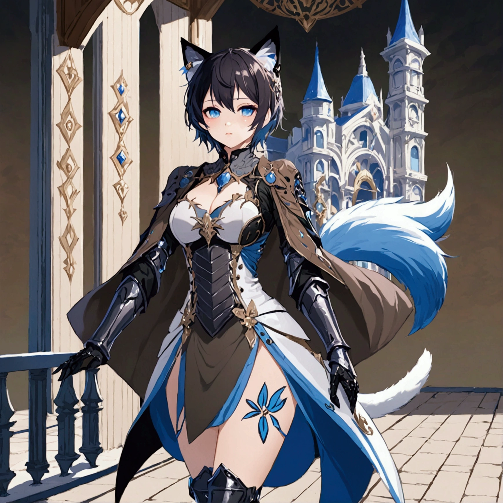 masterpiece, best quality, good quality, Highly detailed, shadowverse style, female, cat ear, blue hair, modern aesthetic, armored, cat tail, blue eyes, short hair, tidy hair, blue and white main color