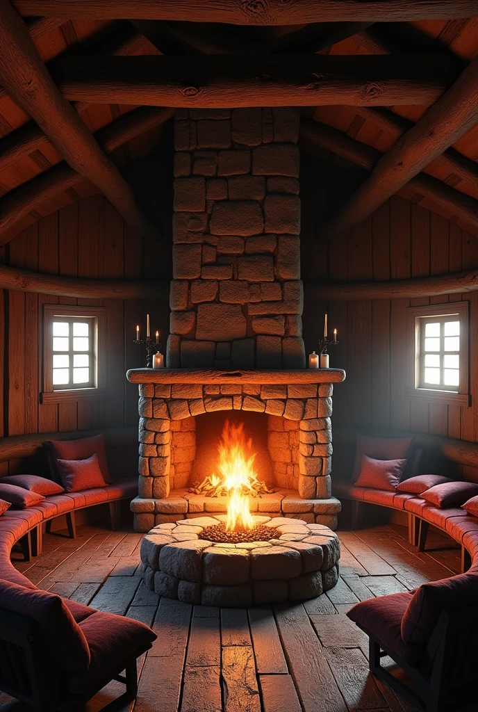 "An empty, cozy medieval Viking-style interior, with a central stone hearth lit by a crackling fire. The wooden cabin is dimly illuminated by firelight and candles, creating a warm and inviting atmosphere. The room features rustic wooden beams, a rough wooden floor, and walls adorned with furs and intricate tapestries. The benches and seats around the hearth are vacant, with cushions neatly arranged, and the entire space exudes a sense of tranquility and timeless tradition."