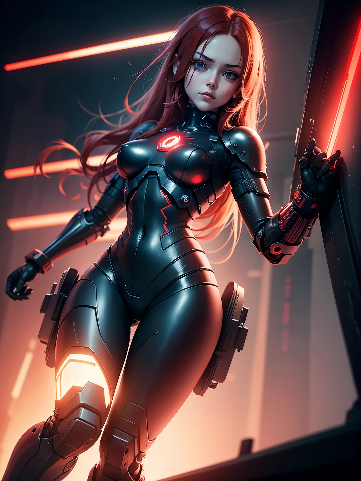 view from below angle from below camera shoots from below cyborg warrior girl in an attacking pose View from below, angle from below, flat horizon photo, Girl android , she has long red hair, hair tied up in a ponytail, she has a mask on her face, a respirator, a woman with sexy hips, incredibly beautiful blue eyes and a gas mask on her face, half cyborg, technological modifications. Beautiful face, pretty face, look at the camera, black metal cybernetic android robot body, Large, wide hips, suit with red indicator lines with many red details, red colour corset, red glowing lines on clothing details, cybernetic armor with a red glow from under the joints and joints, she has blue eyes , frame with a flat horizon, Anime Style Photography , Red Lasers, black background Cyberpunk style, the camera films Her from below, lower angle of photography, black background image of a night black city and red neon lights, red lamps, red lighting, red flashes IN THE BACKGROUND are the red lights of the night city and red glowing glass shop windows, 