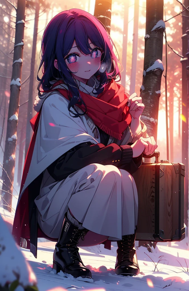 aihoshino, Ai Hoshino, Long Hair, bangs, (Purple eyes:1.1), Purple Hair, (Symbol-shaped pupil:1.5), smile,,smile,blush,white breath,
Open your mouth,snow,Ground bonfire, Outdoor, boots, snowing, From the side, wood, suitcase, Cape, Blurred, , forest, White handbag, nature,  Squat, Mouth closed, Cape, winter, Written boundary depth, Black shoes, red Cape break looking at viewer, Upper Body, whole body, break Outdoor, forest, nature, break (masterpiece:1.2), Highest quality, High resolution, unity 8k wallpaper, (shape:0.8), (Beautiful and beautiful eyes:1.6), Highly detailed face, Perfect lighting, Extremely detailed CG, (Perfect hands, Perfect Anatomy),