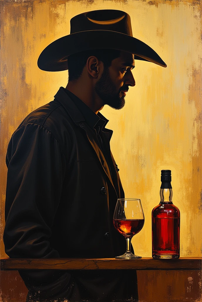 A painting with attractive graphic style that shshows a man is under of a shadow with bottle of whiskey