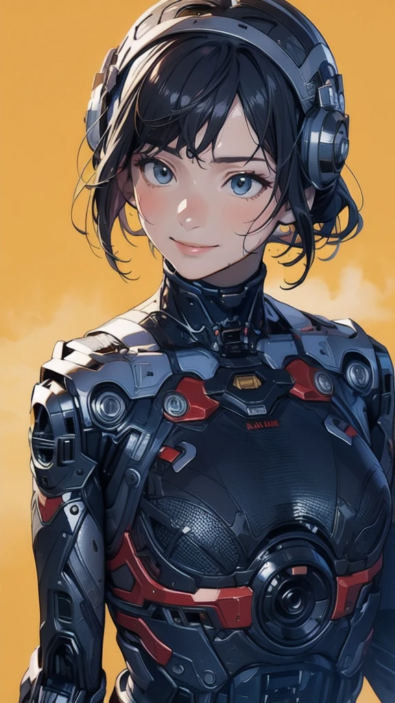 scenery、rain、1 girl、solo、Moderate bust、Upper Body、Face close-up、smile、ruanyi0152、(Yellow background)、ruanyi0238、Blue glowing parts、cable、Machinery Parts、Long black hair、short hair、whole body、Highest quality、masterpiece、High resolution、Dynamic pose、Model standing、Official Art、Highly detailed CG Unity 8k wallpaper、Half helmet、Carrying a big rocket