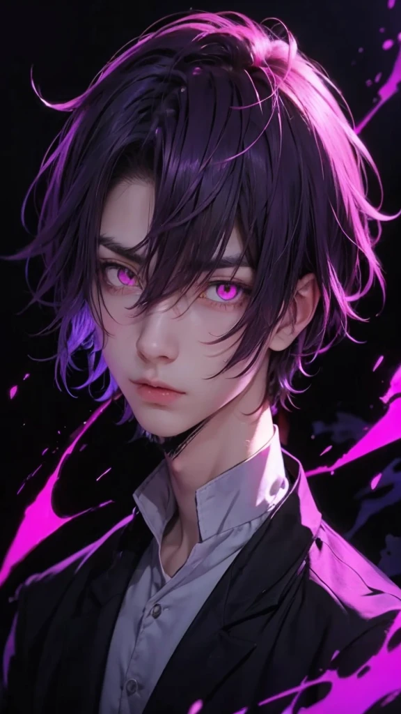 A boy with bright hot pink eyes and violet hair with a katana
