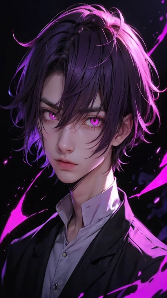 A boy with bright hot pink eyes and violet hair with a katana