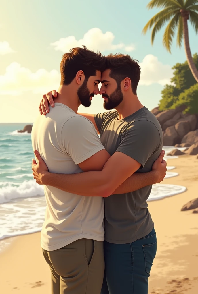 Man hugs other man at beach