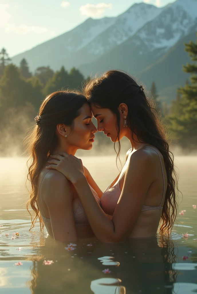 A beautiful woman has her breasts massaged by her friend in a hot spring