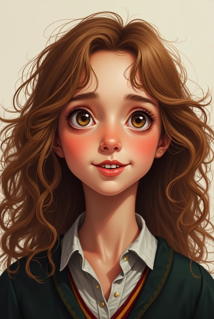 Hermione Granger with light skin, brown eyes, large front teeth and lots of bushy brown hair.