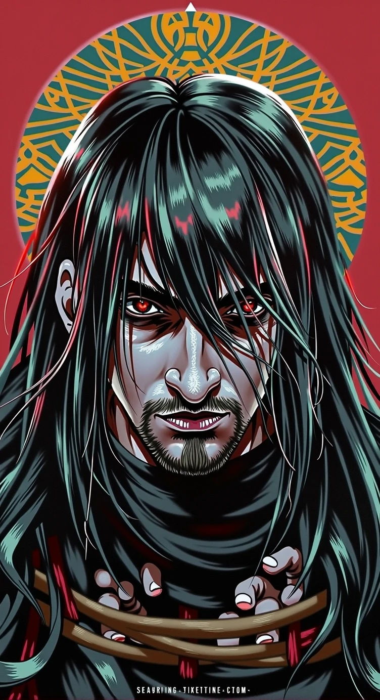 Digital illustration featuring a male figure with long, flowing black hair that partially covers his face. The subject has pale skin and intense, piercing crimson red eyes that are slightly obscured by his hair. He has a stern expression with a defined jaw and a short beard. The background is a solid red with a gold halo-like design behind the subject's head, adding a sense of divinity or importance. The overall style is dark and moody, with high contrast and detailed shading, giving the image a dramatic and intense atmosphere.