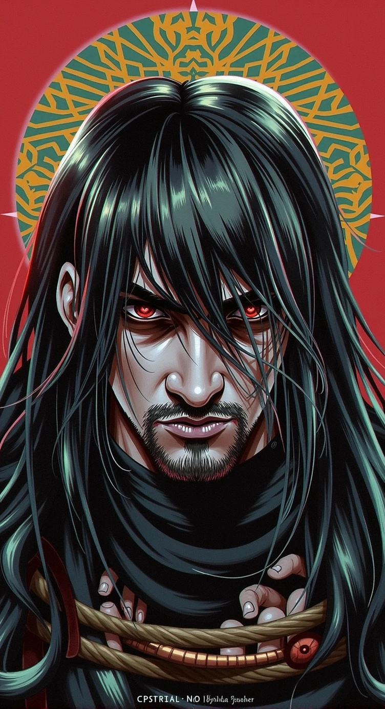 Digital illustration featuring a male figure with long, flowing black hair that partially covers his face. The subject has pale skin and intense, piercing crimson red eyes that are slightly obscured by his hair. He has a stern expression with a defined jaw and a short beard. The background is a solid red with a gold halo-like design behind the subject's head, adding a sense of divinity or importance. The overall style is dark and moody, with high contrast and detailed shading, giving the image a dramatic and intense atmosphere.