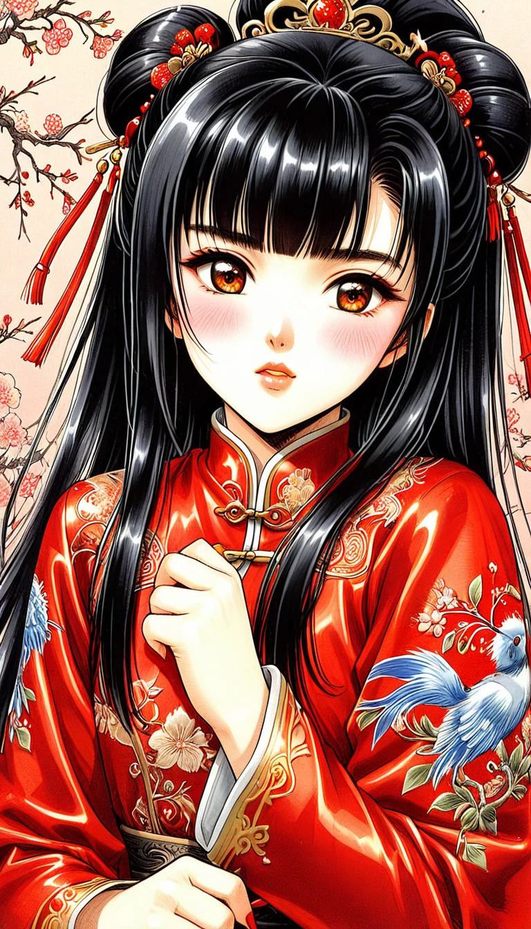 Beautiful 15 year old Chinese Kung Fu girl princess with long black hair Gorgeous embroidery, Ultra glossy, She is wearing a shiny red long-sleeved outfit.... She blushes when she sees her pussy hair