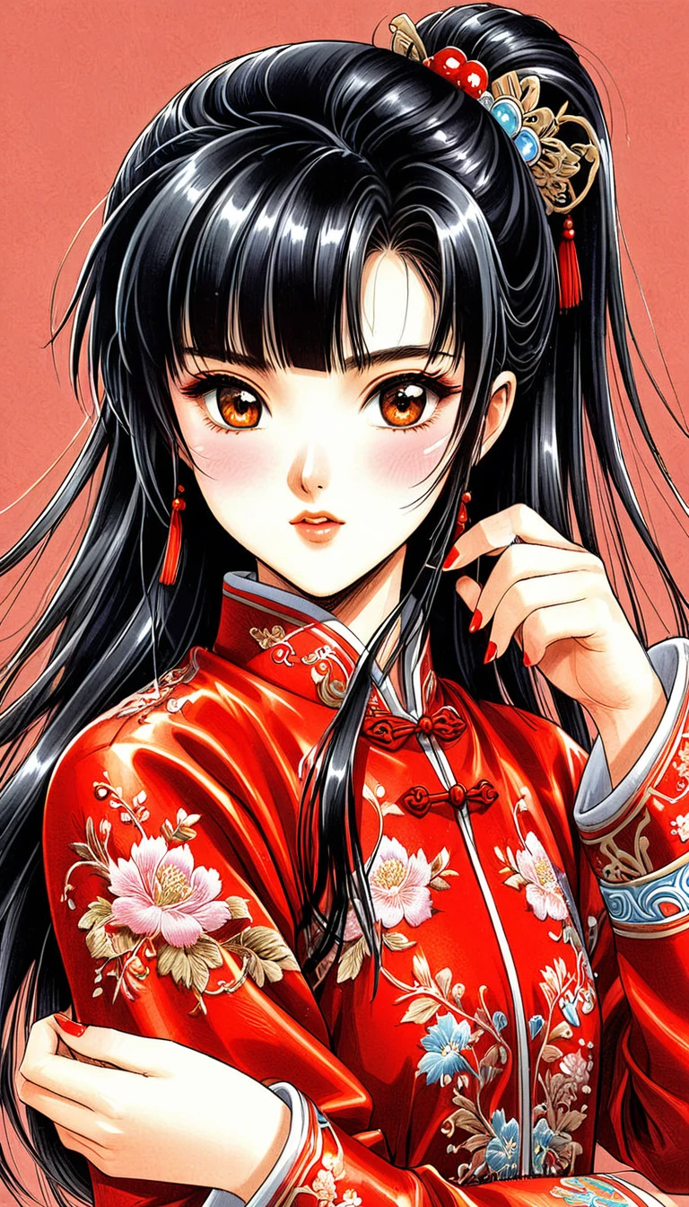 Beautiful 15 year old Chinese Kung Fu girl princess with long black hair Gorgeous embroidery, Ultra glossy, She is wearing a shiny red long-sleeved outfit.... She blushes when she sees her pussy hair