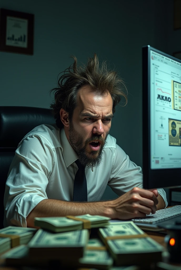 A crazy accountant with a formola in his hand and a computer in front of him, with lots of money in dollar bills around you a darker image , Now the scientist is happy to have managed to accept the recipe, The name of the recipe is (ATUS GROUP)