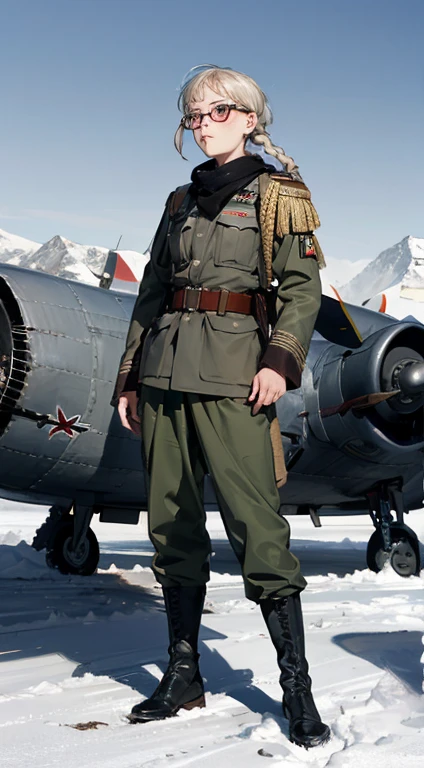 Masterpiece, full body shot of a beautiful 13 years old Norwegian teenage girl in a post-apocalyptic frozen wilderness, punk blonde short hi-top hair shaved on sides, blue-grey eyes, very pale skin, high detailed skin, runners slim body, tense face, dramatic face, tough face, very tired face, wearing military dirty white pants, wearing a military scarf white and grey pattern, wearing a winter camo military vest, wearing punk jewelry, viking tatoos, Badass girl, killer girl, wild girl, post-apocalyptic style, RAW, Dramatic lighting, threatening nordic sky, 8K, ultra high res.photorealistic, UHD, DSLR, Phase one XF IQ4, 150 MP, apocalyptic and devastated frozen snowy Fjord landscape in the background, dirt, dust, rumbles, debries, Mad Max movie vibes Modest outfit, remote shot, detailed beautiful delicate face, detailed beautiful delicate eyes, perfect facial proportions, high-definition skin, fine skin, four-inch best ratio. With one thumb, a masterpiece, highly detailed, realistic, (World War II German general uniform reference : 1.8), the highest face resolution, adult, modestly dressed woman, dressed entirely, ( small, black hair, black straight bangs, super fine braids, straight bangs, red glasses, dark green eyes), future, science fiction, fighter plane, standing On the landing of a fighter plane, the government agency, a deep intelligent personality, a calm expression, a respectful face, a war, a fighter plane (La mejor calidad:1.1), (Obra maestra:1.4), (absurdos:1.0), retrato, primer plano,1girl, Marinero Urano, KizukiAi, Mujer madura, small breasts, aqua eyes, cabello rubio, Uniforme Sailor Senshi, Collar de marinero, arco de pecho, Arco trasero, Falda suplicante, Guantes blancos de codo, Acostado boca abajo, en el suelo, con el trasero en alto, mostrando el culo de espaldas, without looking back
