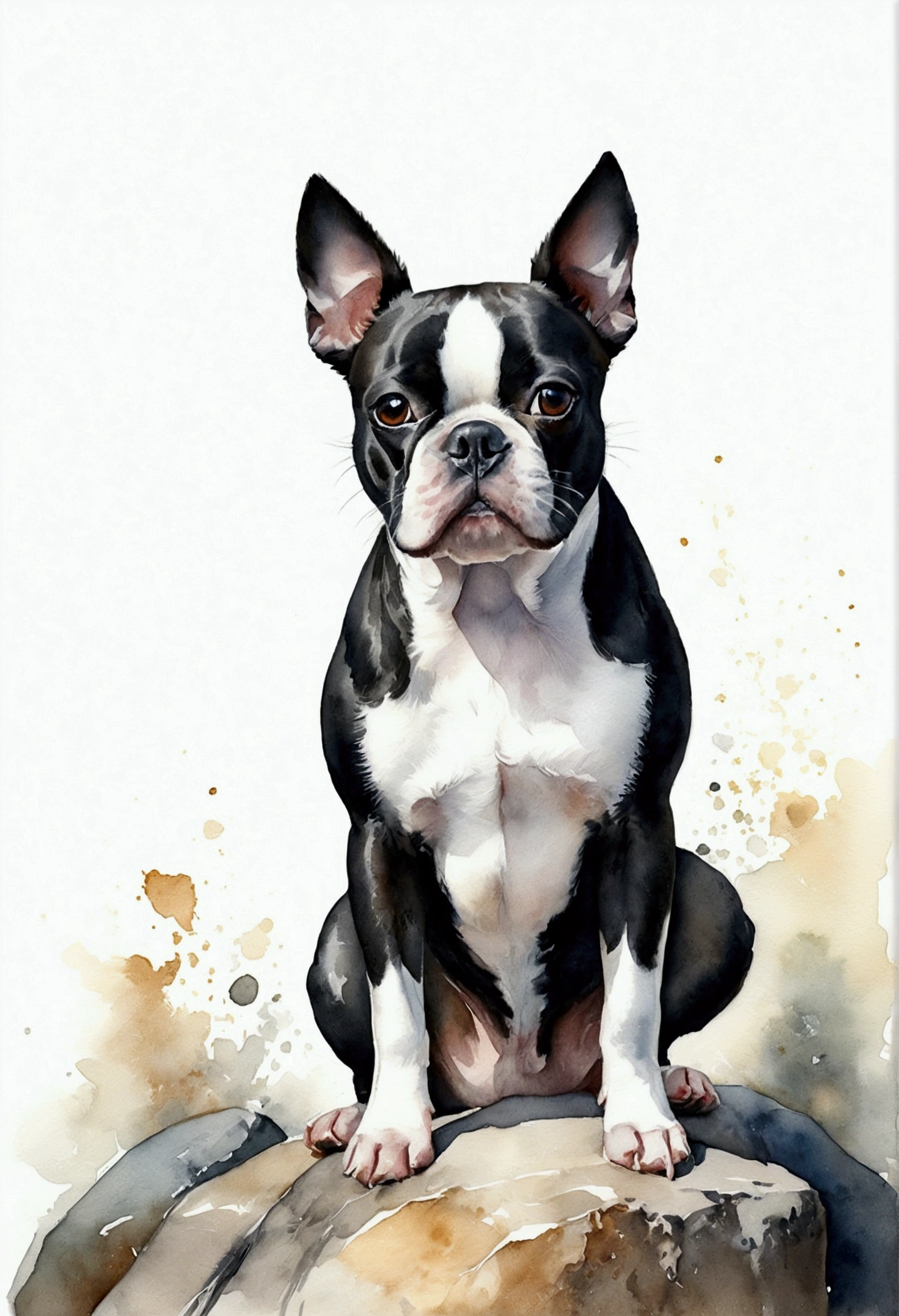 Boston Terrier Dog,A cute dog sitting on a rock in a white background, portrayed in a high-quality watercolor portrait style. The artwork exhibits the delicate touch of watercolor realism, resembling a traditional masterpiece in watercolor painting executed with utmost precision. This piece features an ultra-detailed watercolor depiction of an incredibly lifelike dog. Moreover, it showcases the artist's expertise in traditional watercolor digital painting, capturing a highly realistic impression.