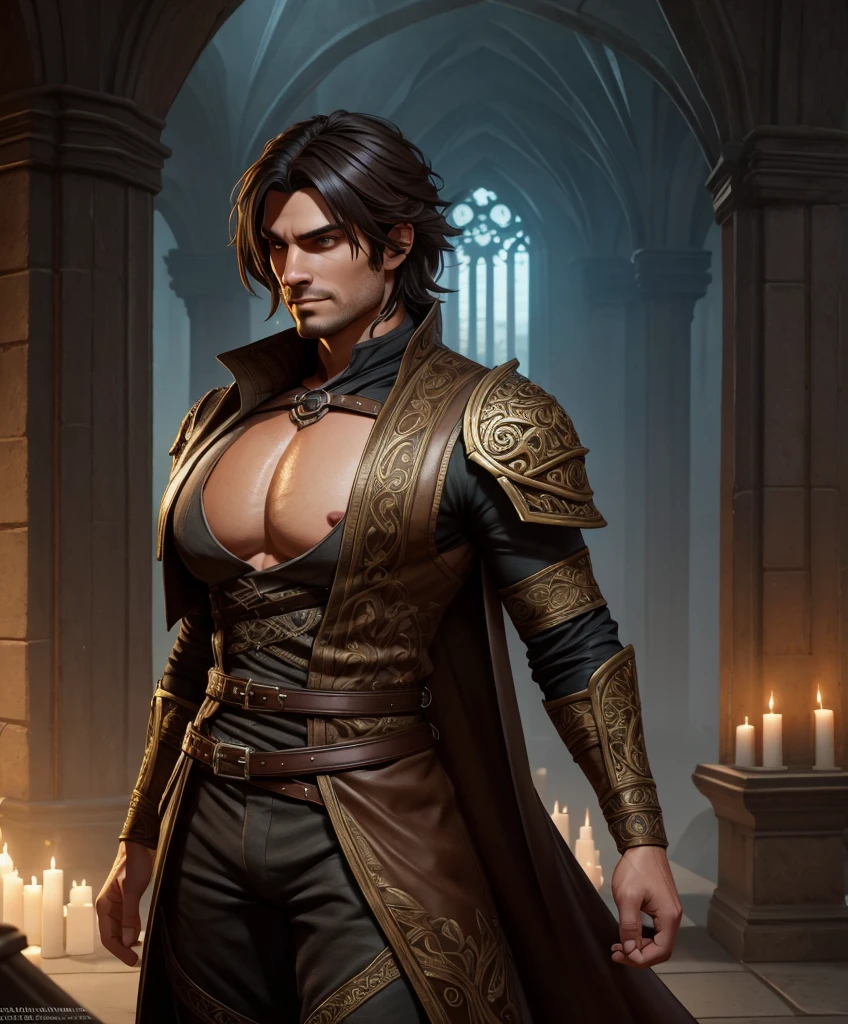 (centered, upper body, smirk, looking at viewer:1.1), (wide shot:1.4), (((SFW image.))) (((Lusty smirk.))) Male rogue for fantasy setting. Dressed in medieval fantasy attire. Looks like a con man for a dark fantasy setting. Rakish. Thug. Sexy male. , intricate details, ultra detailed, ultra detailed clothes,, epic masterpiece, ultra detailed, intricate details, award winning, fantasy art concept masterpiece, trending on Artstation, digital art, unreal engine, 8k, ultra HD, centered image masterpiece:1.2, photorealistic:1.2, volumetric lighting, glossy skin, shiny skin, , , intricate details, ultra detailed, extremely detailed hands, ultra detailed clothes,, epic masterpiece, ultra detailed, intricate details, award winning, fantasy art concept masterpiece, trending on Artstation, digital art, unreal engine, 8k, ultra HD, centered image