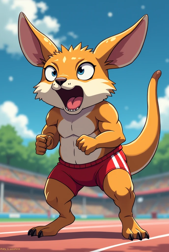 (chibi Emoji Meme), anime art style, funny photo portrait of a grotesque (Olympic High jump athlete kangaroo), upper body, strange eyes, Olympic background, emoticon. emotional, dynamic movement, vivid, (masterpiece, best quality, absurdres, ultra-detailed, intricate details:1.3)