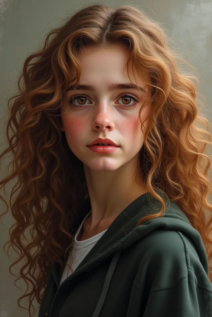 Hermione Granger with light skin, brown eyes, large front teeth and lots of bushy brown hair.