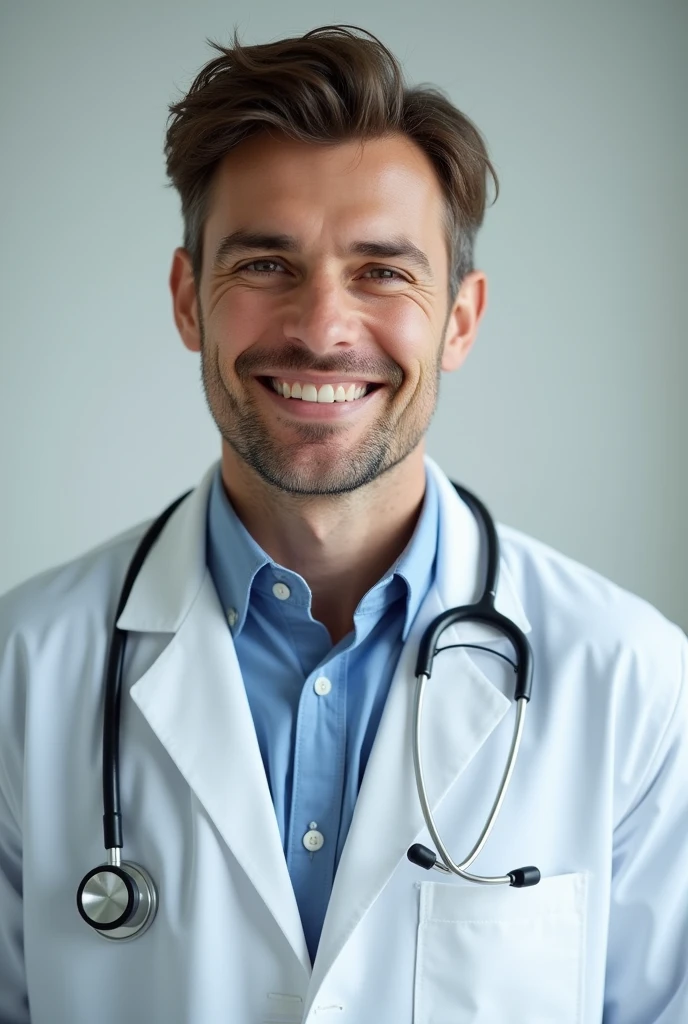 Can you create a profile picture for a 30 year old doctor in medical school? The doctor has a white coat and a stretoscope around his neck.