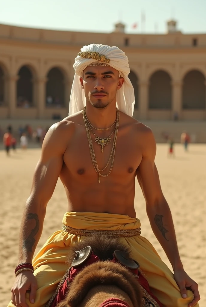 Young handsome cute white skin soft skinny beautiful face shirtless In the Arena decert dressed in golden Arab clothes on a camel