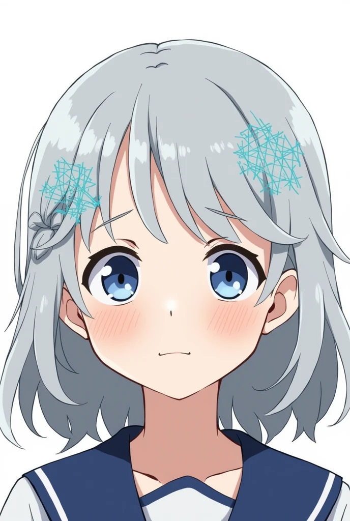 My Hero Academia style illustration。girl。Light blue mesh on gray hair。Medium length hair that reaches the shoulders。A small braid behind the left ear。Blue eyes。Smiling with a worried brow