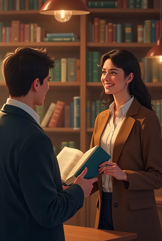 Create an image that represents a scene where someone is politely asking to borrow a book.. It shows a person holding a book in one hand while looking at another person, with a friendly and respectful expression. The other person, who may be smiling or nodding, is standing near a bookshelf or in a library. The atmosphere should be warm and friendly., with an atmosphere that suggests a calm and respectful conversation. Make sure the book is clearly visible and the surroundings reflect an appropriate context for borrowing something., as a reading room or a detailed office, masterpiece, Best Quality, High resolution