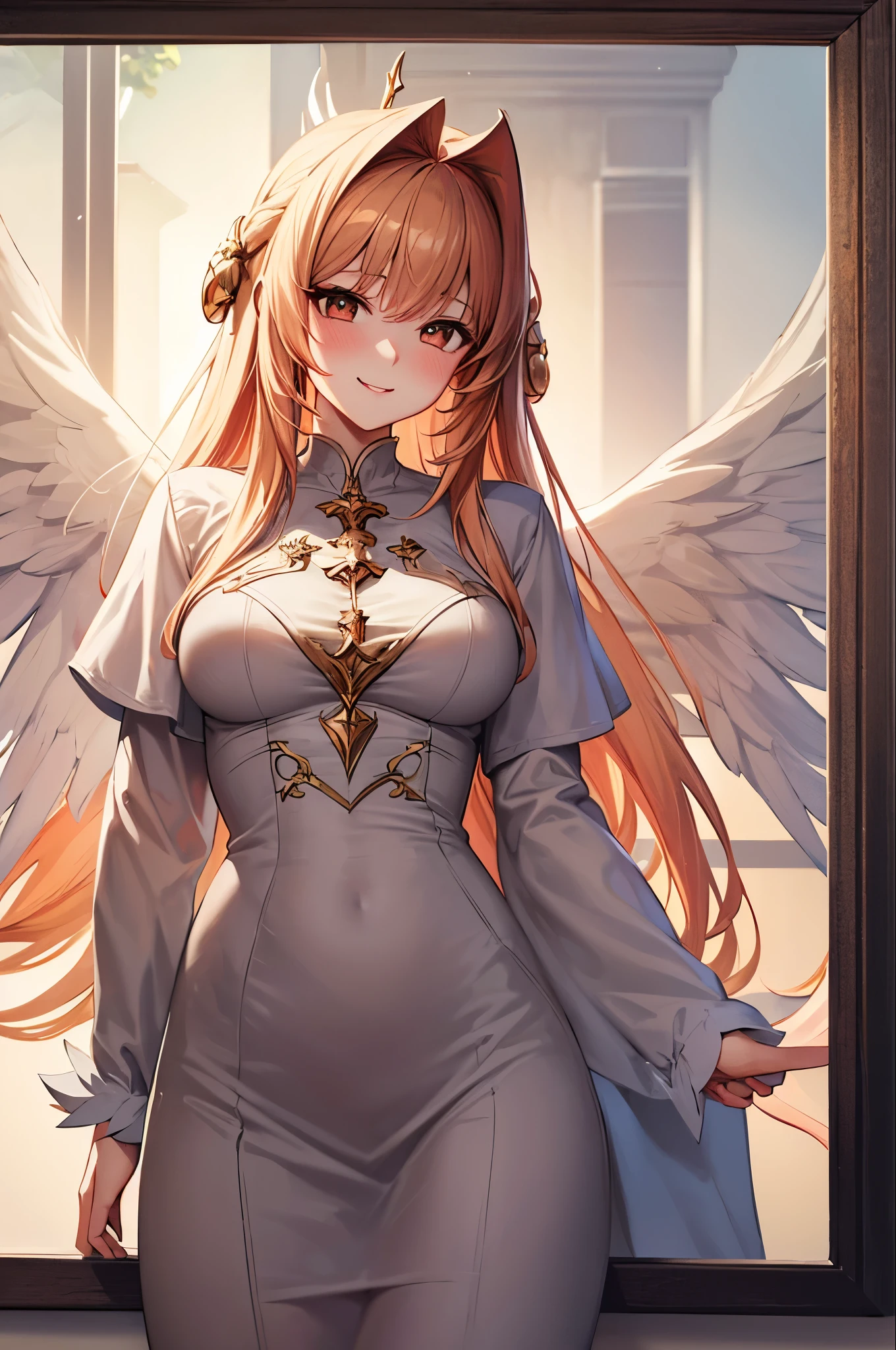 best quality, 8k , super fine illustration, extremely detailed CG ,masterpiece,
beautiful anime style girl ,
Smile, blush, medium breasts, (Seraphim:1.5),god々Beautiful scenery cowboy shot ,
telephoto lens, 
 slow shutter speed
,,
(pure color scene),
(best shadow),
,,
(natural light),
,,
(natural reflection),