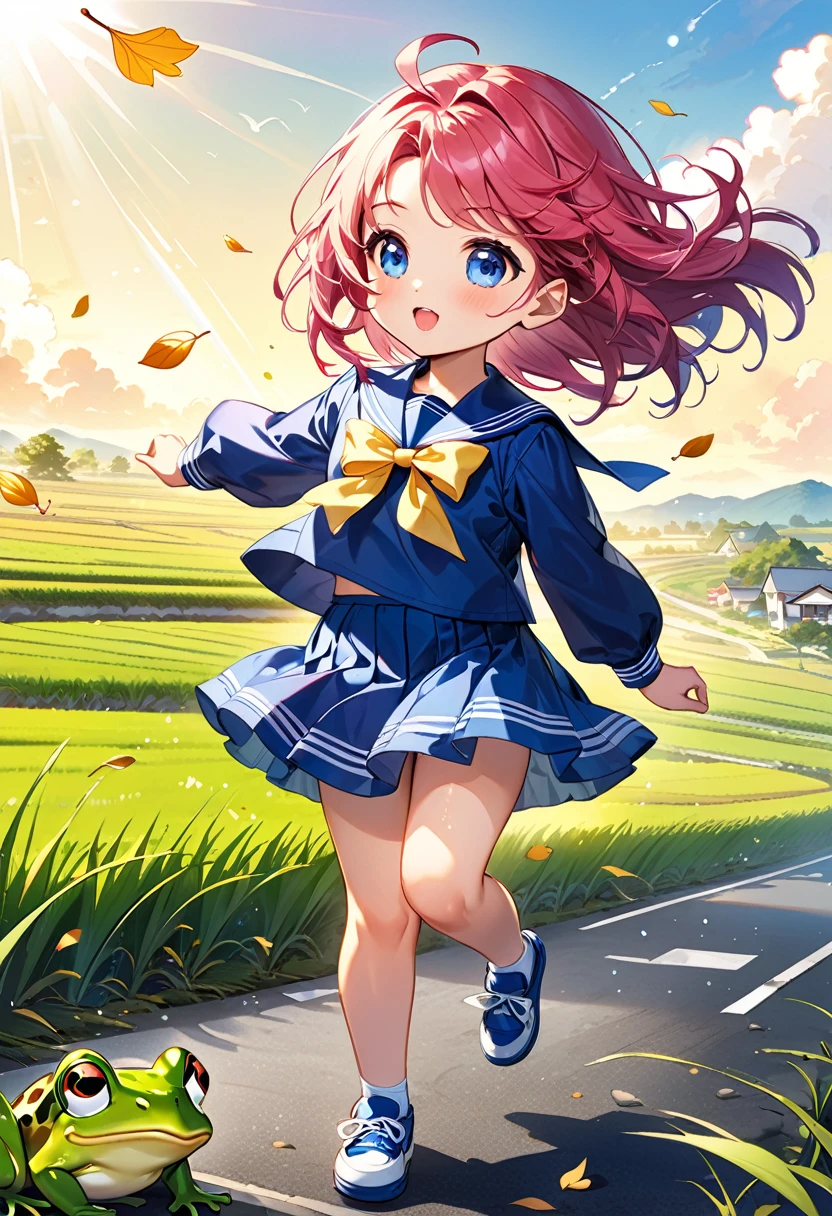 Highest quality、High resolution、Detailed Background、Beautiful face in every detail、Anatomically correct、Detailed facial expressions、fine grain、((full body, from side:1.2, side shot, looking away:1.2)), break　((One Girl:1.2)、((Chibi Girl:1.2)))、Bright pretty hair color、Big beautiful blue eyes、Fuller lips、Pink Lips、Forehead Baring、Ahoge、(A junior high school student rushing to school because he is going to be late、Sweat on the forehead)、(Cute Sailor Uniform、cute leather shoes)、break　(The strong wind makes my hair very messy:1.2、Strong winds mess up my hair:1.2)、((The background is a rural school road in the early morning、Intense sunlight、Rice fields where the ears of rice shine golden))、((Fallen leaves fly in the strong wind))、(A frog flies away in a strong wind:1.5)、