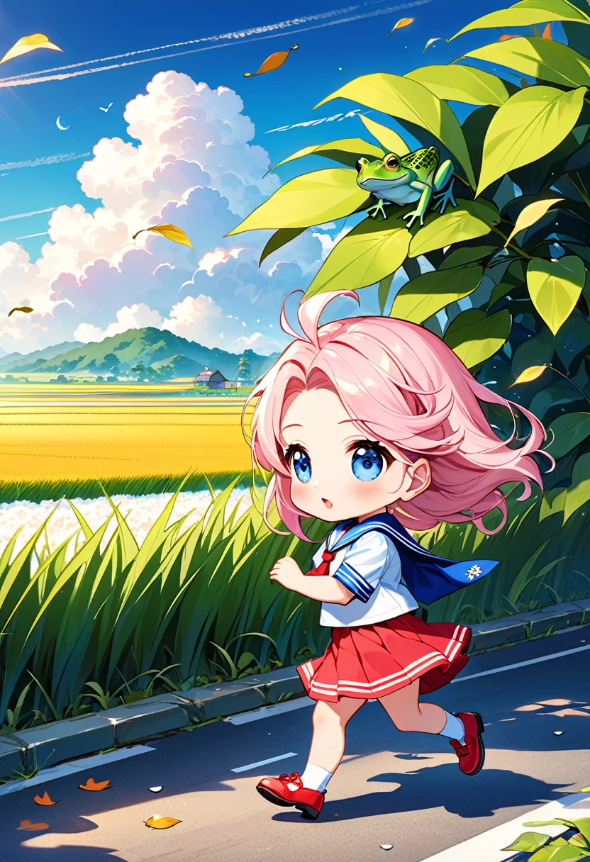 Highest quality、High resolution、Detailed Background、Beautiful face in every detail、Anatomically correct、Detailed facial expressions、fine grain、((full body, from side:1.2, side shot, looking away:1.2)), break　((One Girl:1.2)、((Chibi Girl:1.2)))、Bright pretty hair color、Big beautiful blue eyes、Fuller lips、Pink Lips、Forehead Baring、Ahoge、(A junior high school student rushing to school because he is going to be late、Sweat on the forehead)、(Cute Sailor Uniform、cute leather shoes)、break　(The strong wind makes my hair very messy:1.2、Strong winds mess up my hair:1.2)、((The background is a rural school road in the early morning、Intense sunlight、Rice fields where the ears of rice shine golden))、((Fallen leaves fly in the strong wind))、(A frog flies away in a strong wind:1.5)、