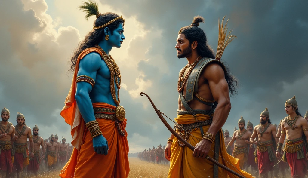 Lord Krishna instructing Arjun at a war